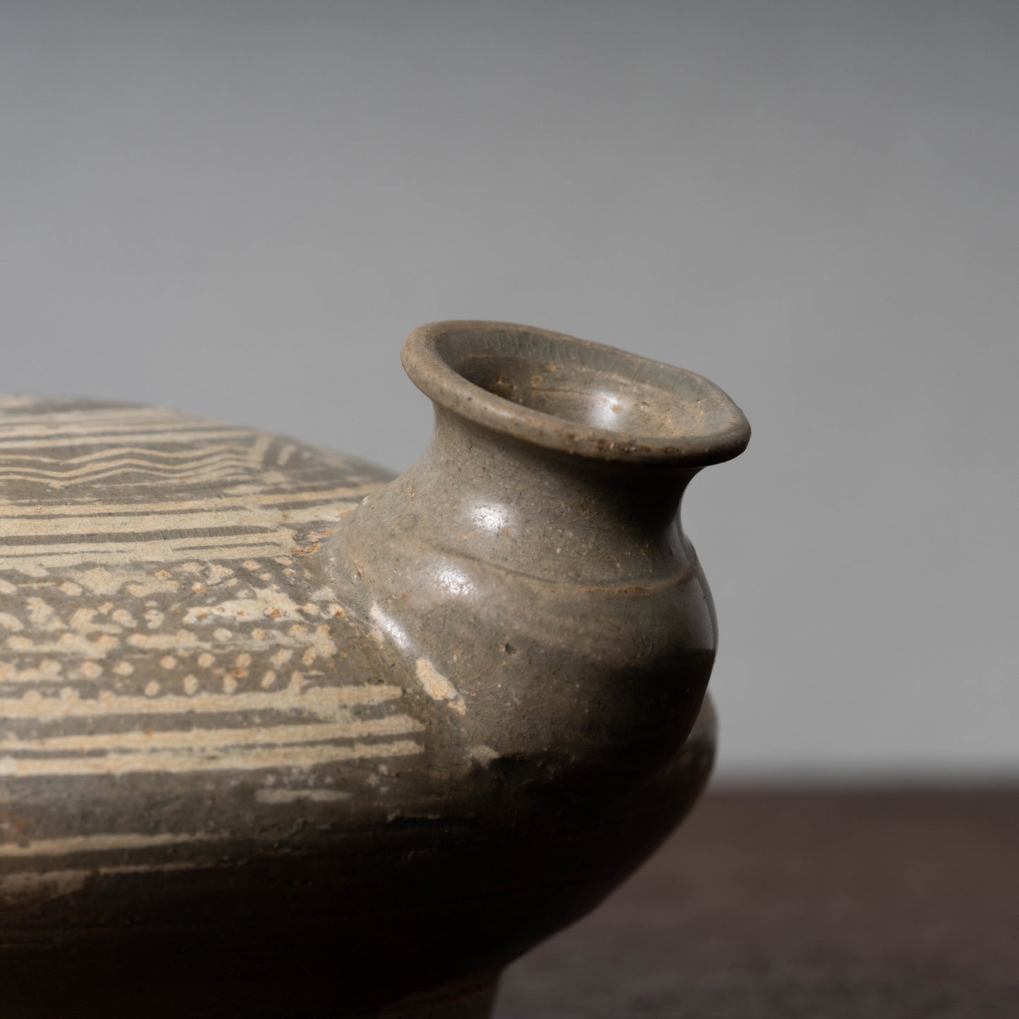 Joseon Dynasty Buncheong Ware Flat Jar with Inlaid