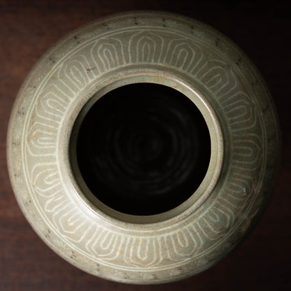 Goryeo Dynasty Celadon Jar with Inlaid Reed and Bird Design