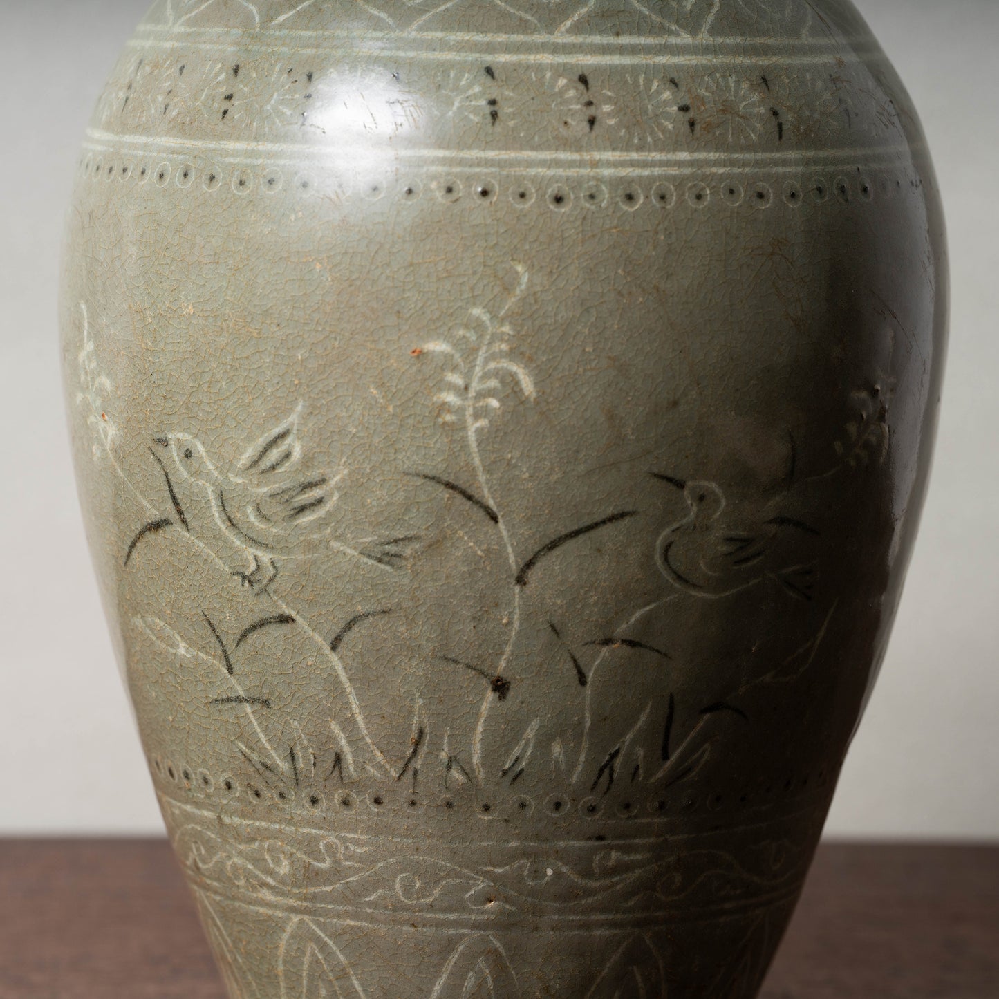 Goryeo Dynasty Celadon Jar with Inlaid Reed and Bird Design