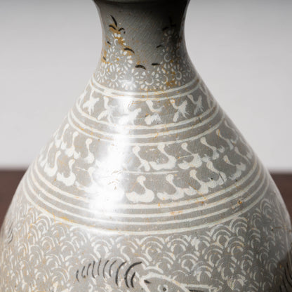 Goryeo Dynasty Celadon Mishima Bottle with Inlaid Fish Design