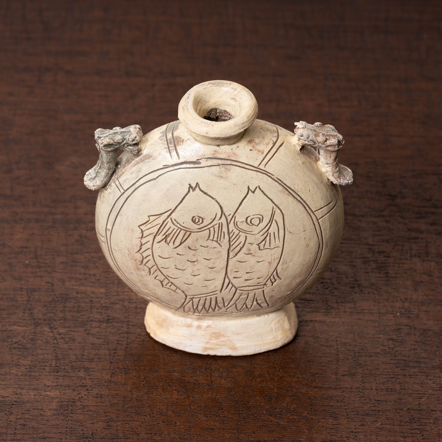 Joseon Dynasty Buncheong Ware Flat Jar with Fish Design