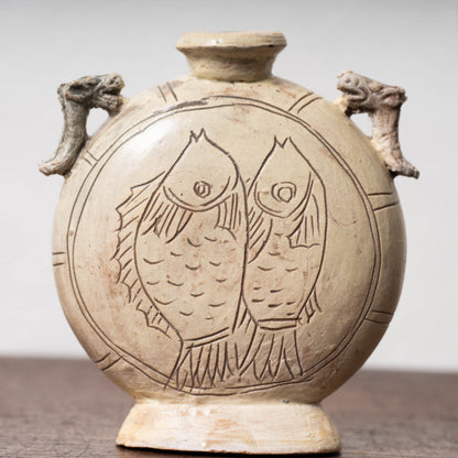 Joseon Dynasty Buncheong Ware Flat Jar with Fish Design