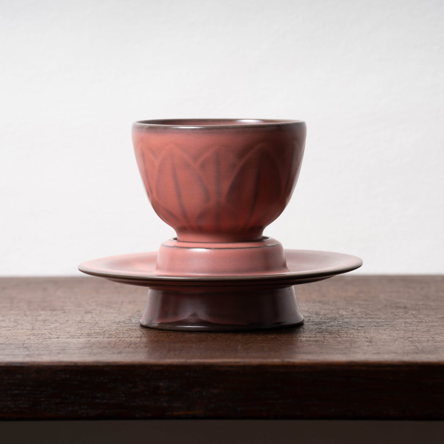 Qing Dynasty Ru-ware-like Red Glaze Tea Bowl and Stand with Chrysanthemum Design