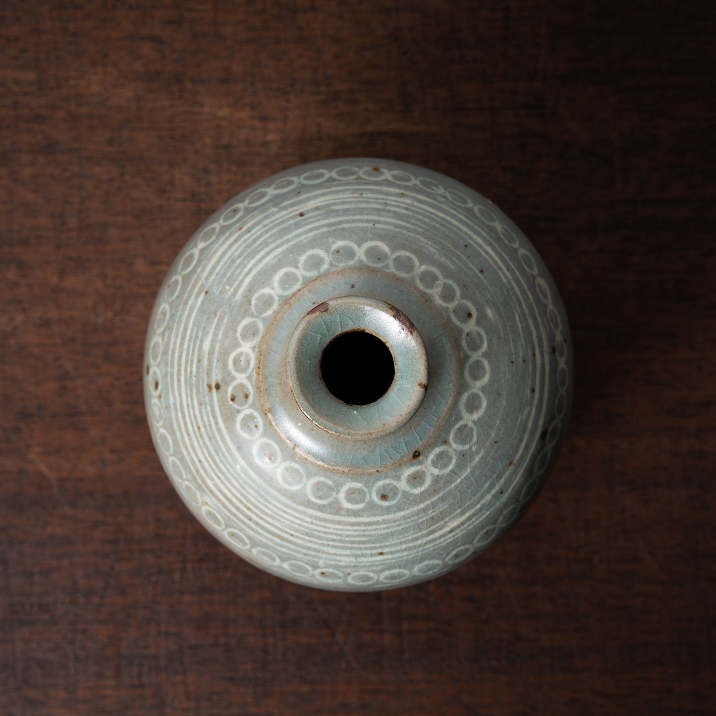 Joseon Dynasty Celadon Mishima Bottle with Inlaid Beads Design