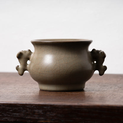Southern Song Dynasty Guan ware Yellow-colored Celadon Censer with Fish Handle
