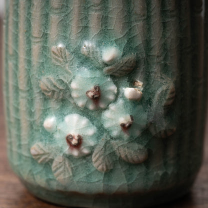 Goryeo Celadon Cylindrical Tea Bowl with Bamboo Chrysanthemum Design