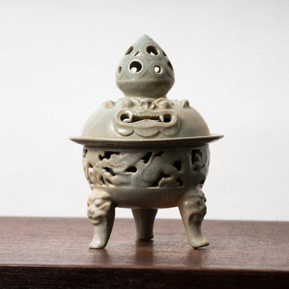 Goryeo Celadon Censer with Animal Face Lid and Openworked Dragon Design