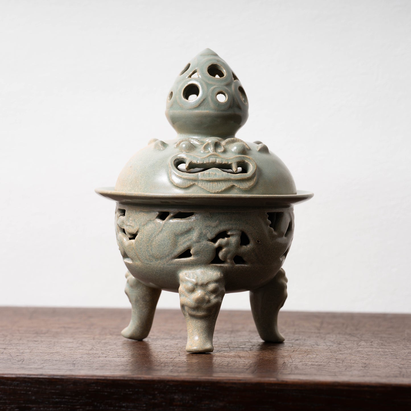 Goryeo Celadon Censer with Animal Face Lid and Openworked Dragon Design