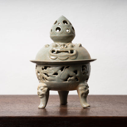 Goryeo Celadon Censer with Animal Face Lid and Openworked Dragon Design