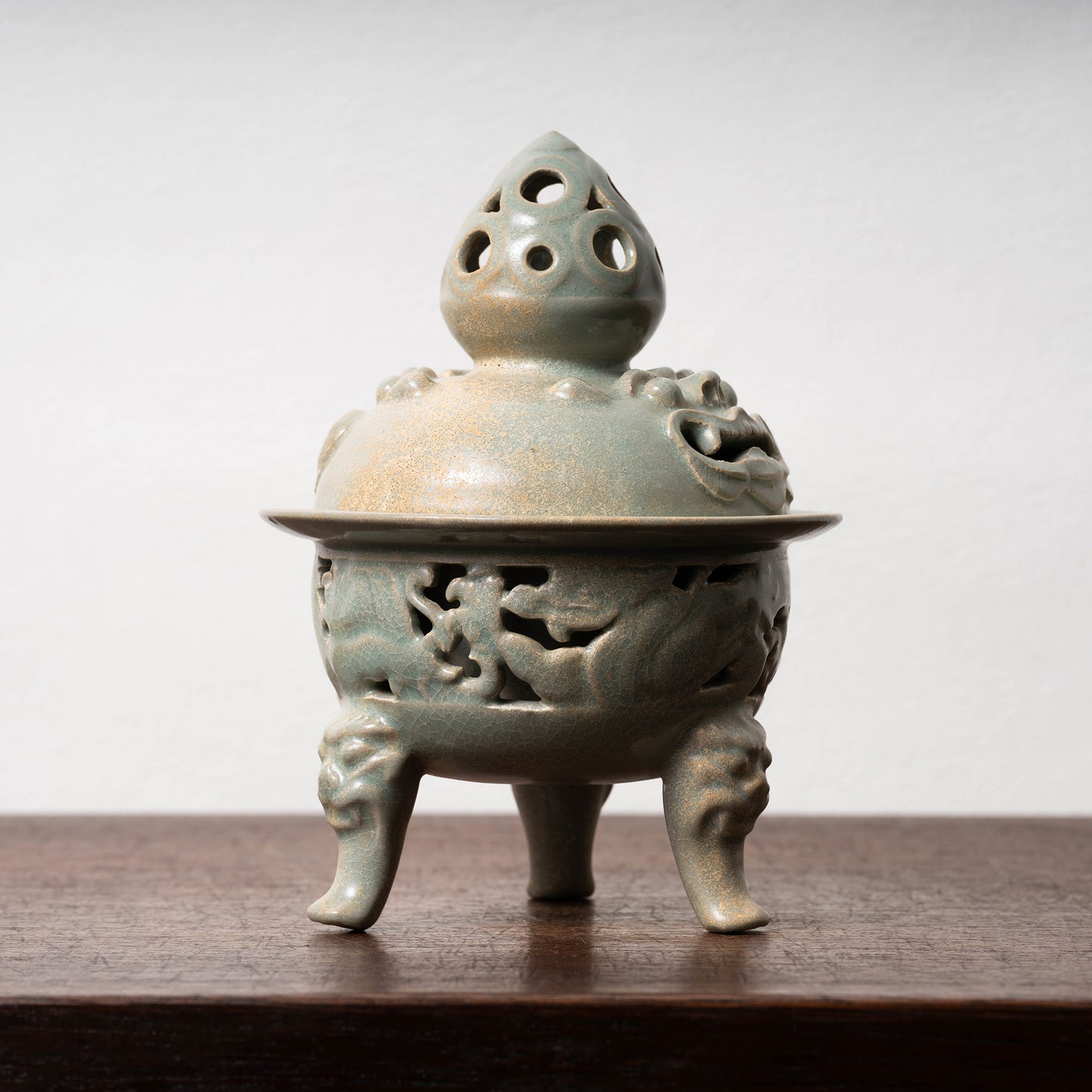 Goryeo Celadon Censer with Animal Face Lid and Openworked Dragon Design