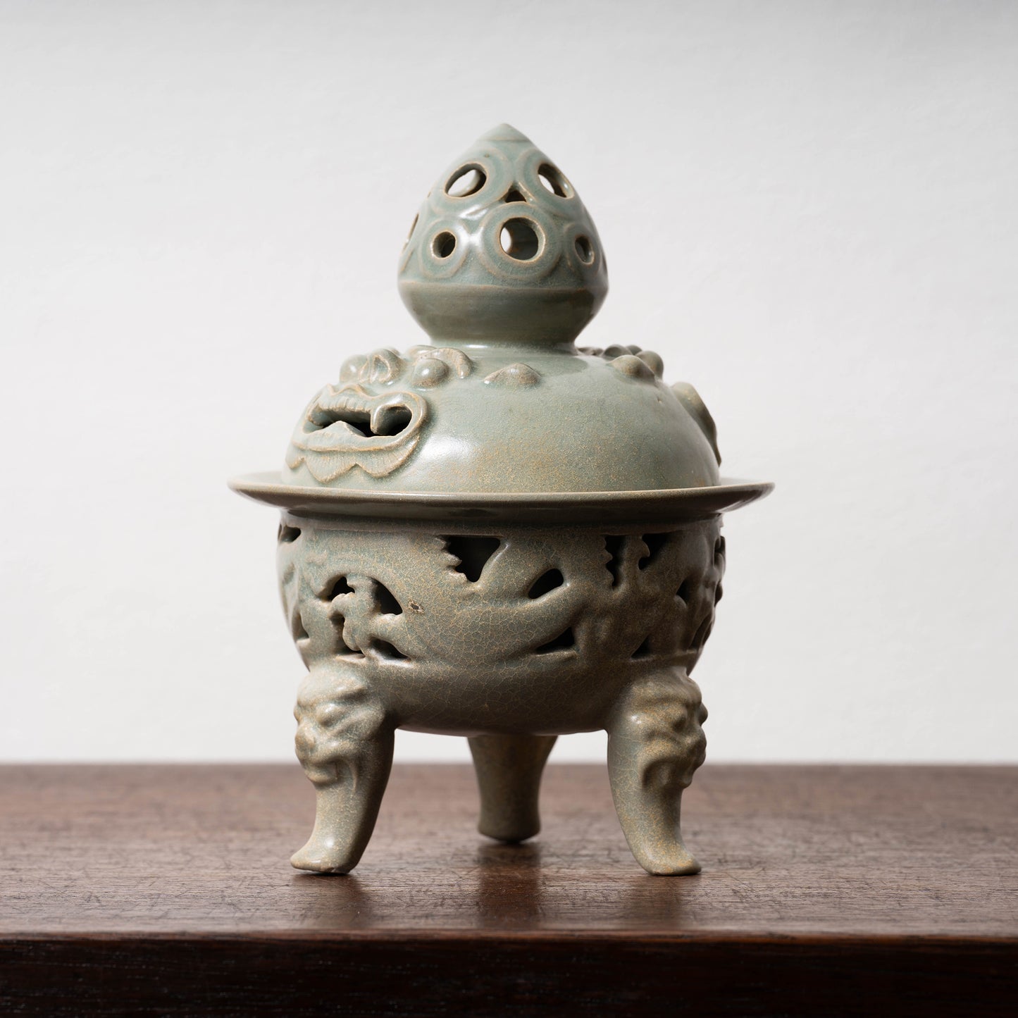 Goryeo Celadon Censer with Animal Face Lid and Openworked Dragon Design