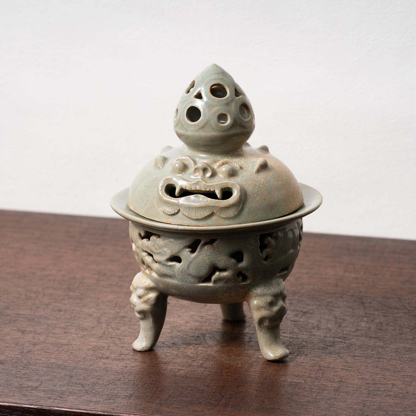 Goryeo Celadon Censer with Animal Face Lid and Openworked Dragon Design