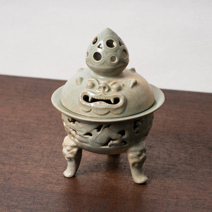 Goryeo Celadon Censer with Animal Face Lid and Openworked Dragon Design