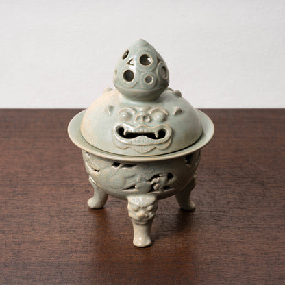 Goryeo Celadon Censer with Animal Face Lid and Openworked Dragon Design