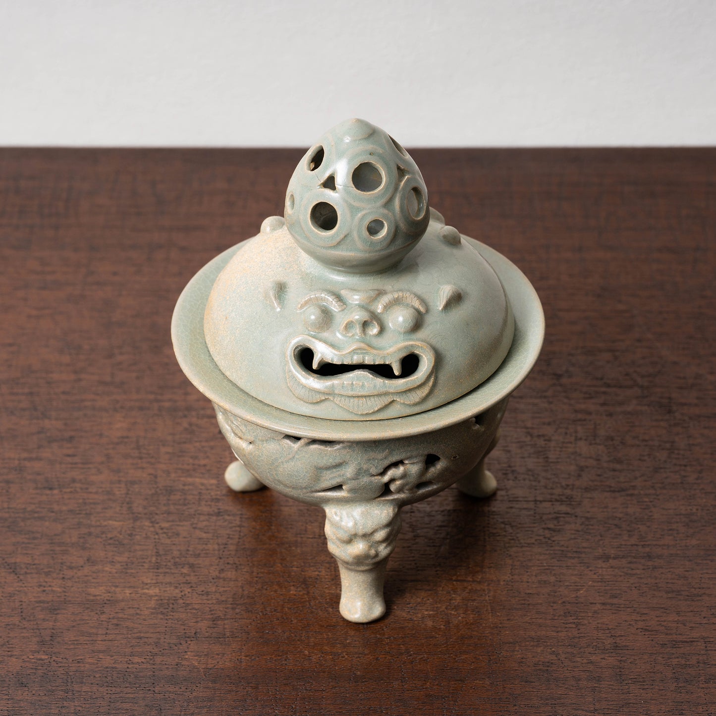 Goryeo Celadon Censer with Animal Face Lid and Openworked Dragon Design