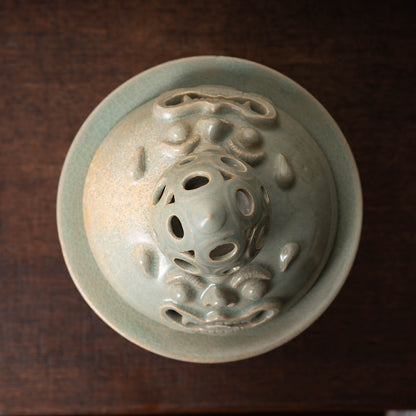 Goryeo Celadon Censer with Animal Face Lid and Openworked Dragon Design