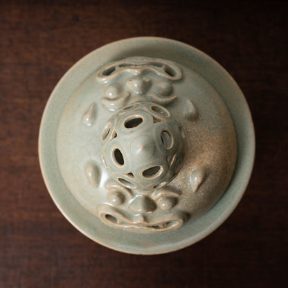 Goryeo Celadon Censer with Animal Face Lid and Openworked Dragon Design