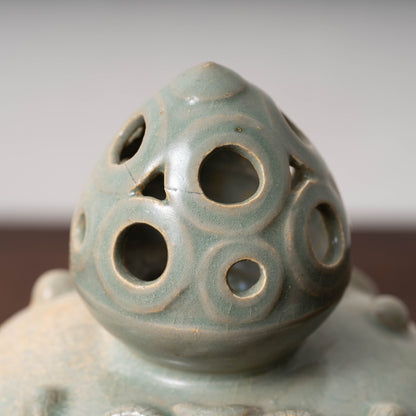 Goryeo Celadon Censer with Animal Face Lid and Openworked Dragon Design