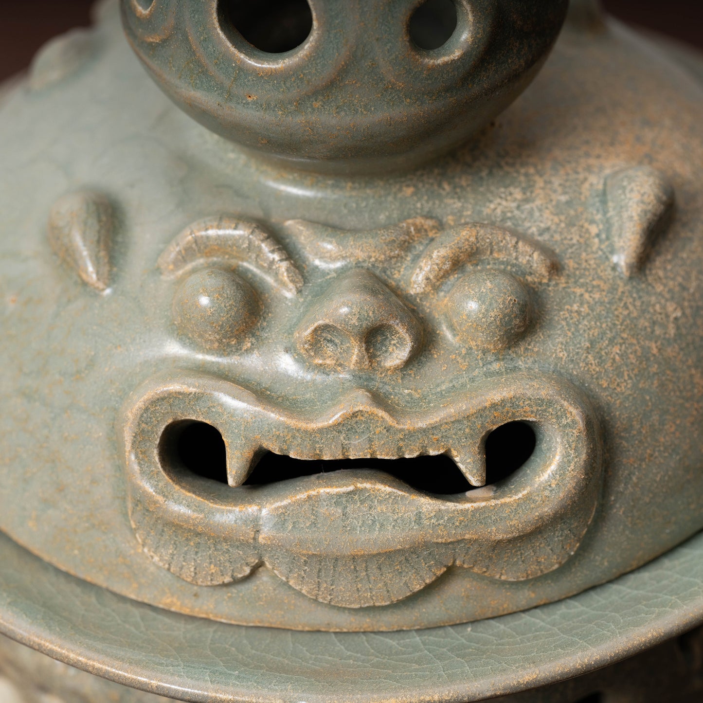 Goryeo Celadon Censer with Animal Face Lid and Openworked Dragon Design