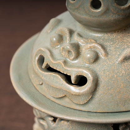 Goryeo Celadon Censer with Animal Face Lid and Openworked Dragon Design