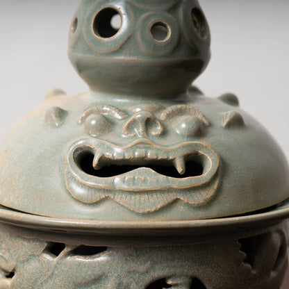 Goryeo Celadon Censer with Animal Face Lid and Openworked Dragon Design