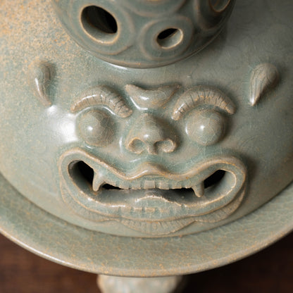 Goryeo Celadon Censer with Animal Face Lid and Openworked Dragon Design