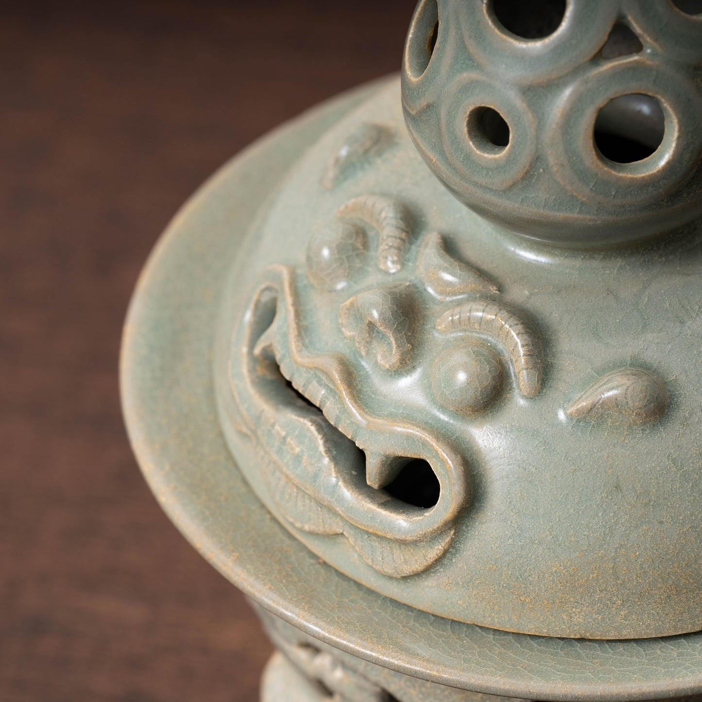 Goryeo Celadon Censer with Animal Face Lid and Openworked Dragon Design