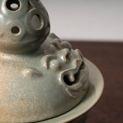 Goryeo Celadon Censer with Animal Face Lid and Openworked Dragon Design