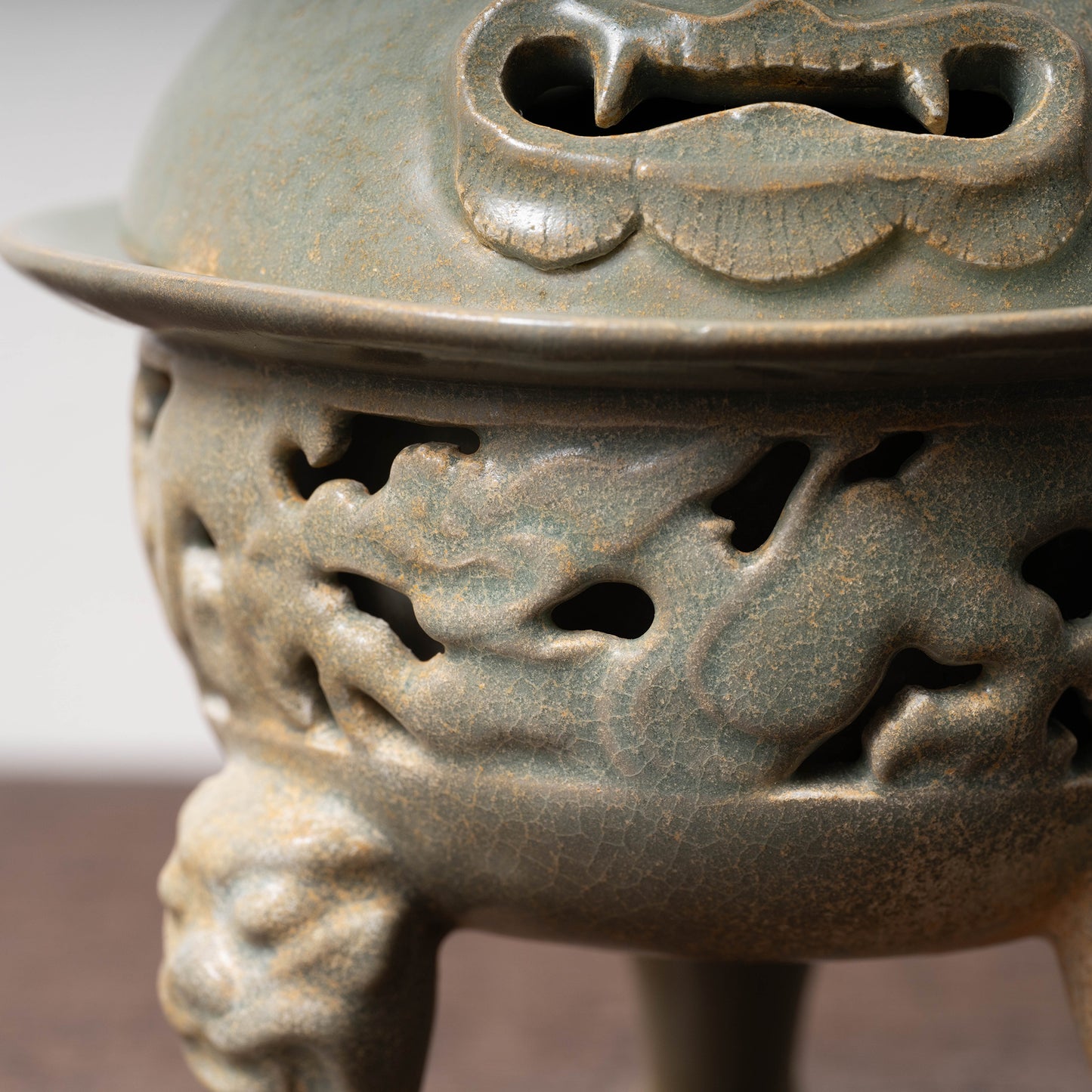 Goryeo Celadon Censer with Animal Face Lid and Openworked Dragon Design