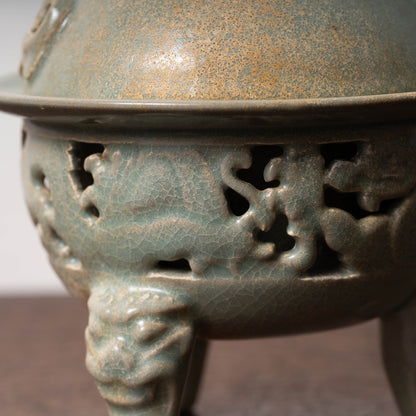 Goryeo Celadon Censer with Animal Face Lid and Openworked Dragon Design