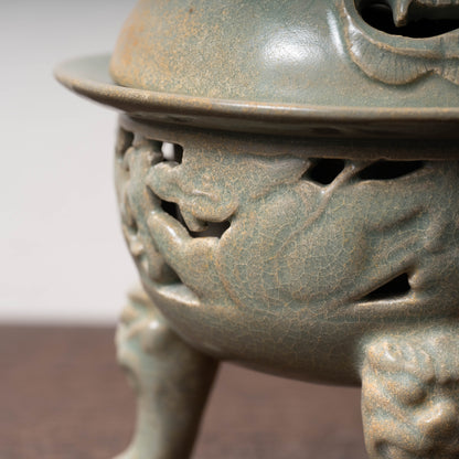 Goryeo Celadon Censer with Animal Face Lid and Openworked Dragon Design