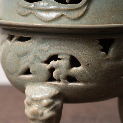 Goryeo Celadon Censer with Animal Face Lid and Openworked Dragon Design