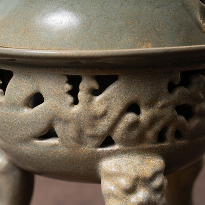 Goryeo Celadon Censer with Animal Face Lid and Openworked Dragon Design