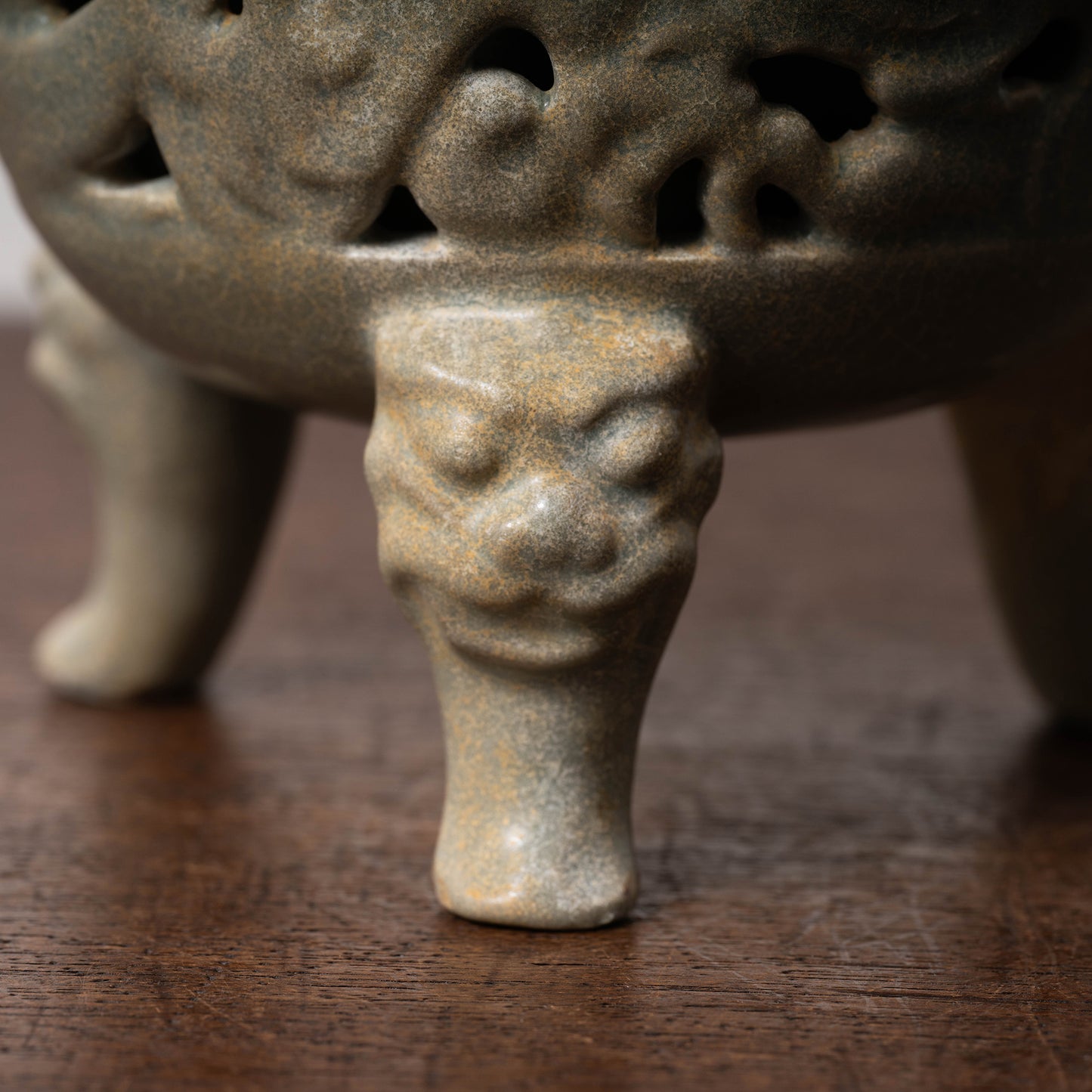 Goryeo Celadon Censer with Animal Face Lid and Openworked Dragon Design