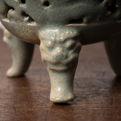 Goryeo Celadon Censer with Animal Face Lid and Openworked Dragon Design