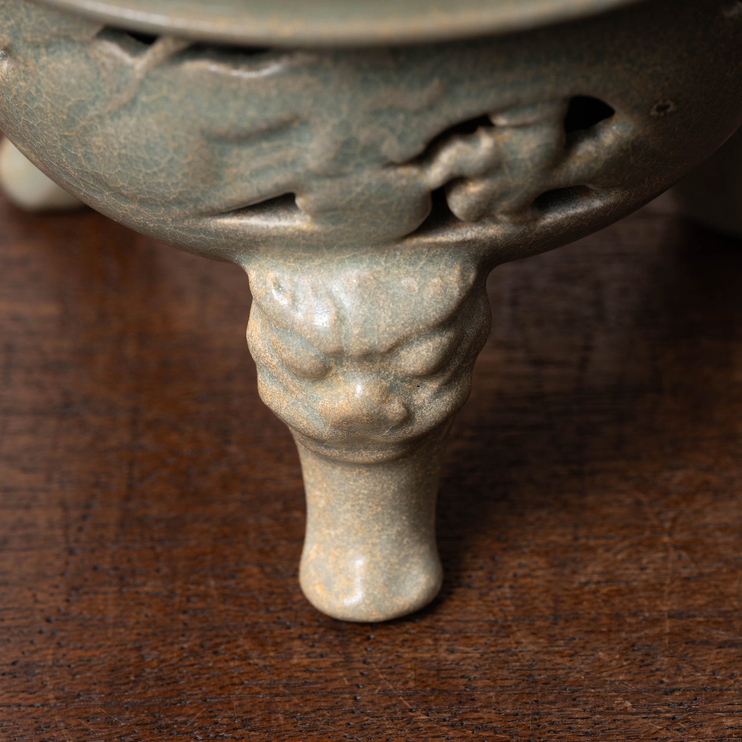 Goryeo Celadon Censer with Animal Face Lid and Openworked Dragon Design