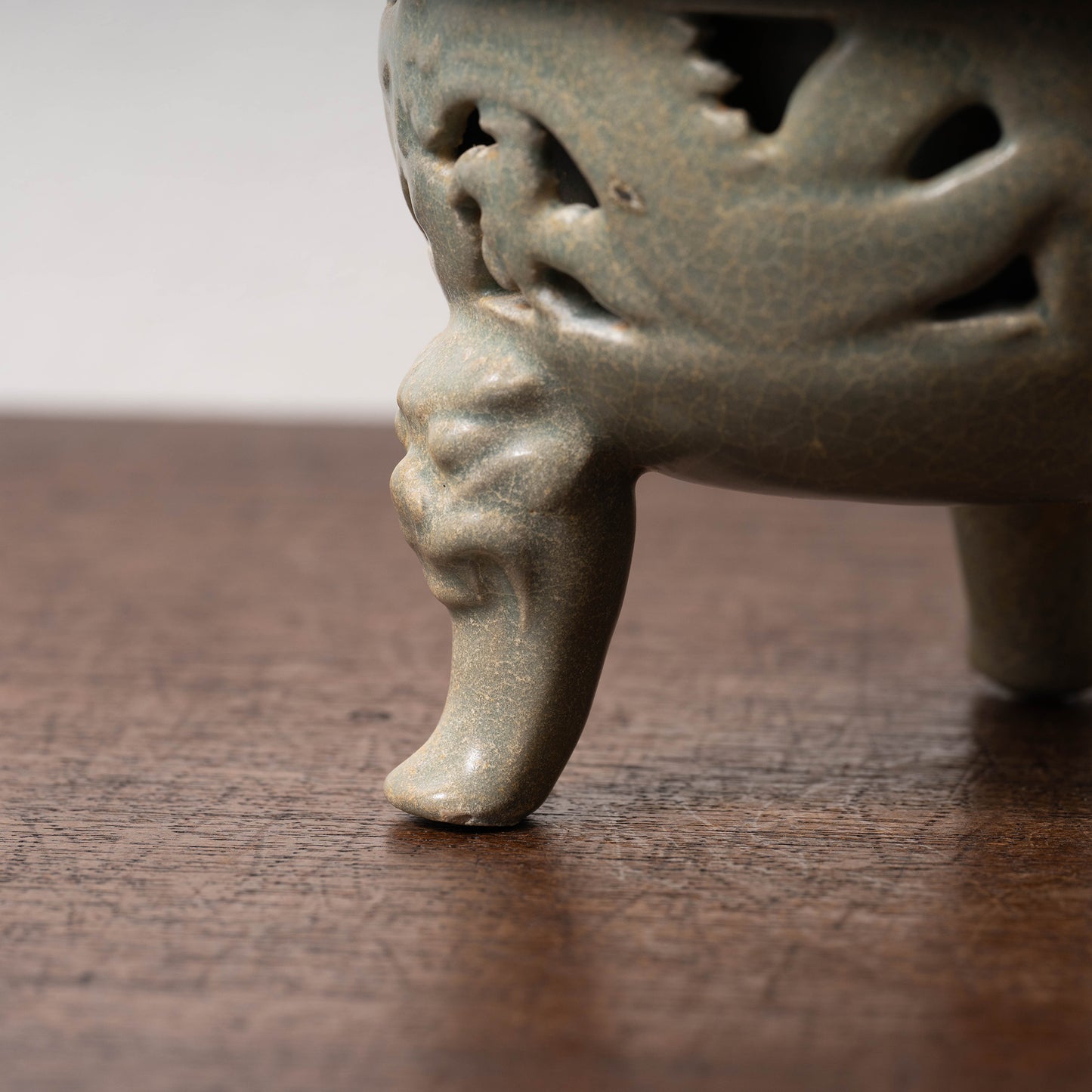 Goryeo Celadon Censer with Animal Face Lid and Openworked Dragon Design