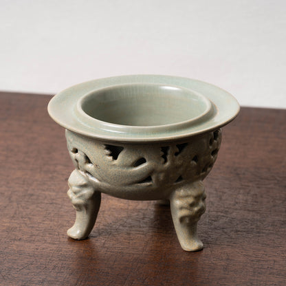 Goryeo Celadon Censer with Animal Face Lid and Openworked Dragon Design