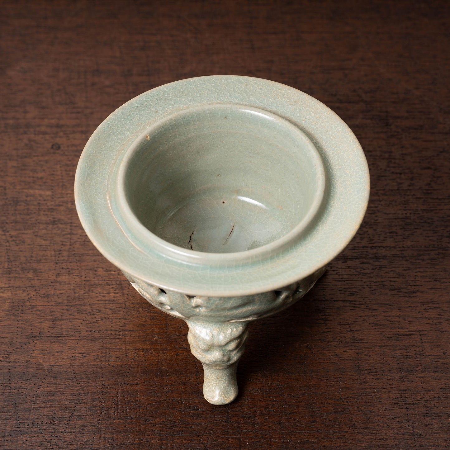 Goryeo Celadon Censer with Animal Face Lid and Openworked Dragon Design