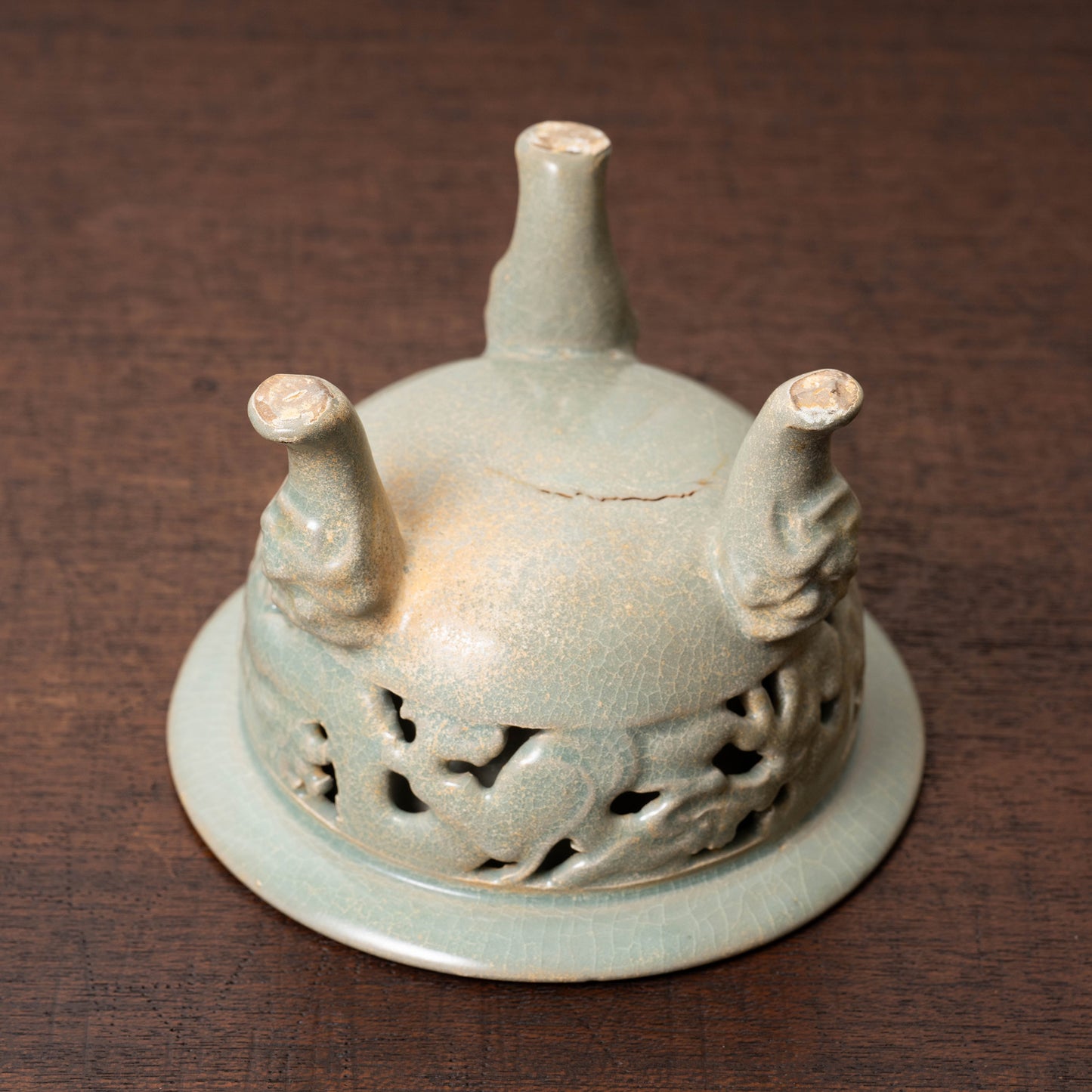 Goryeo Celadon Censer with Animal Face Lid and Openworked Dragon Design