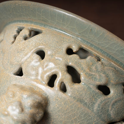 Goryeo Celadon Censer with Animal Face Lid and Openworked Dragon Design