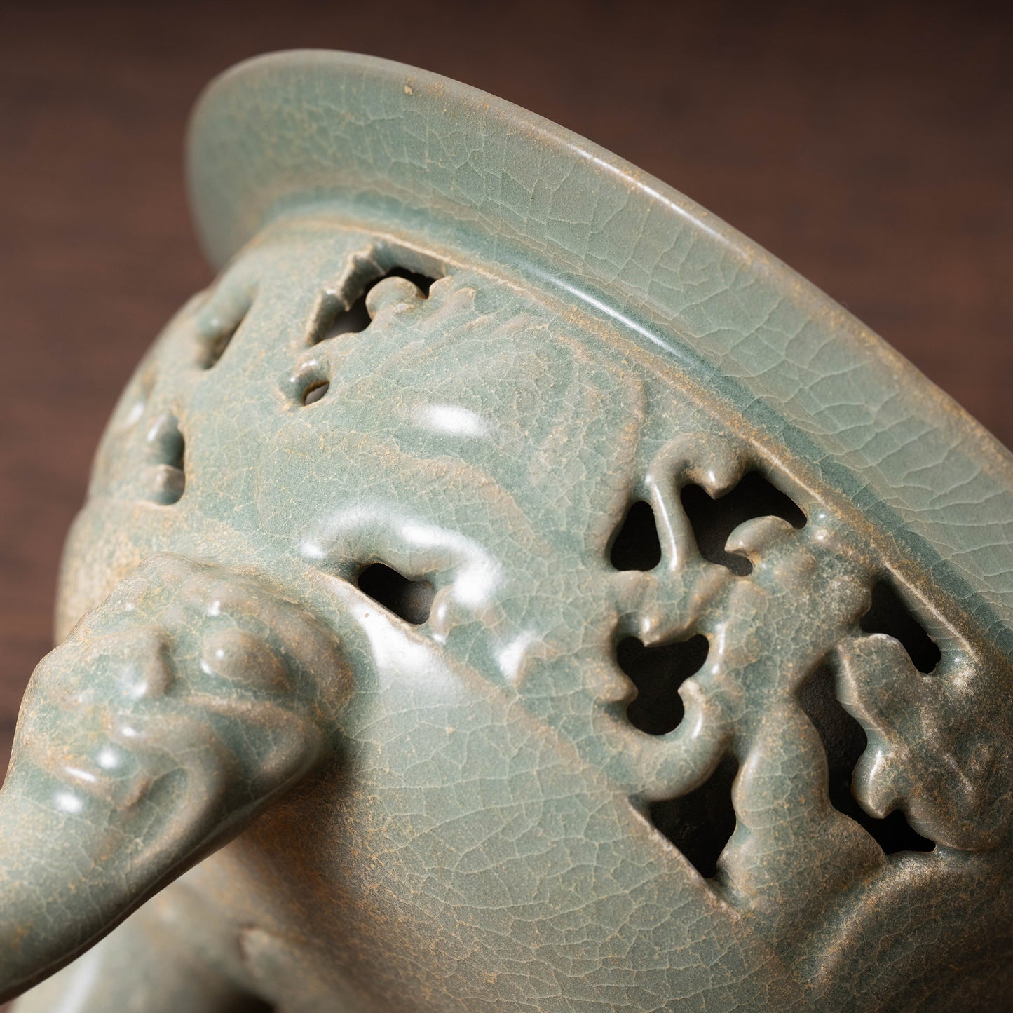 Goryeo Celadon Censer with Animal Face Lid and Openworked Dragon Design