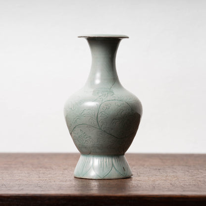 Goryeo Celadon Bottle with Incised Flower Design