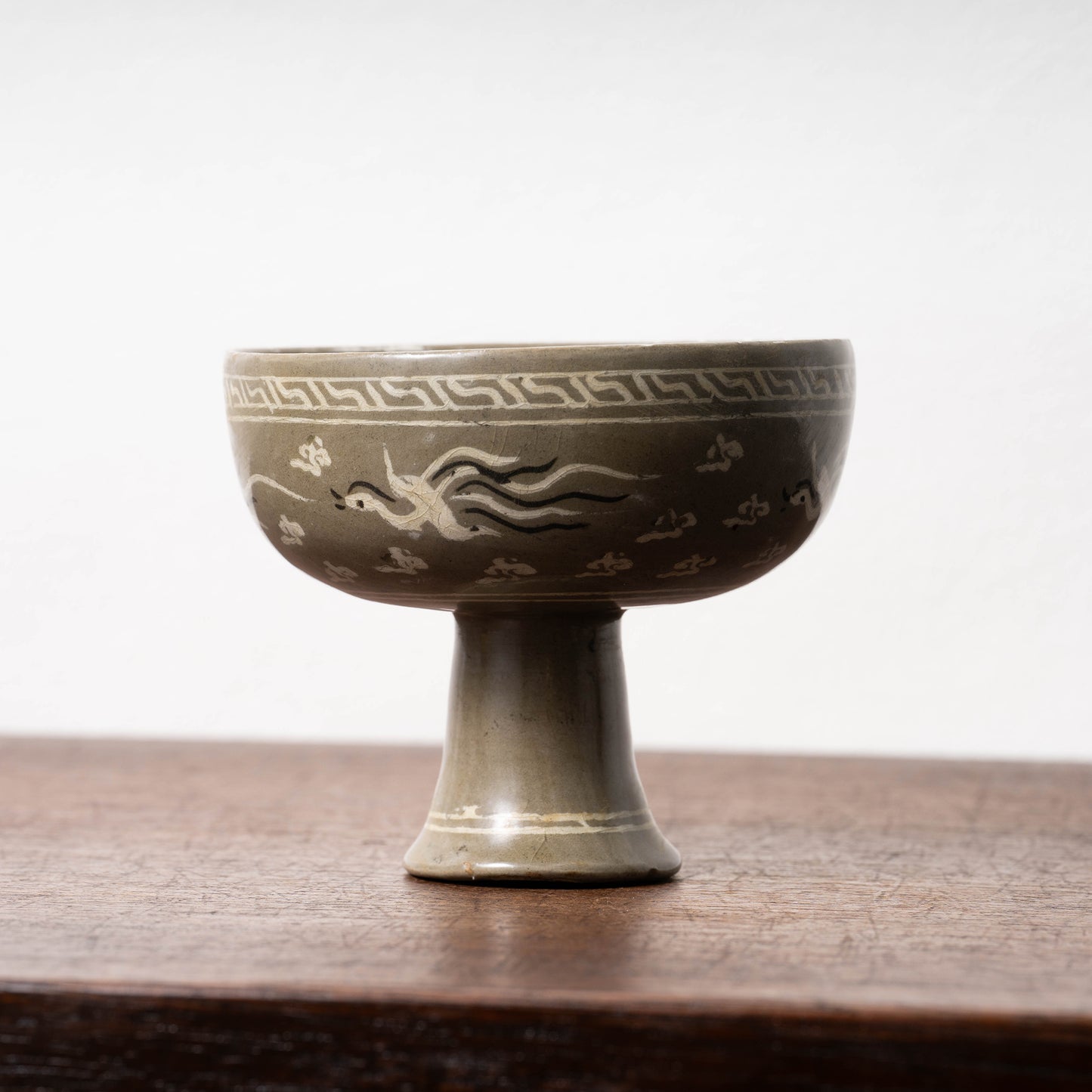 Goryeo Celadon Stem Cup with Inlaid Cloud Dragon Phoenix Design