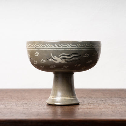 Goryeo Celadon Stem Cup with Inlaid Cloud Dragon Phoenix Design