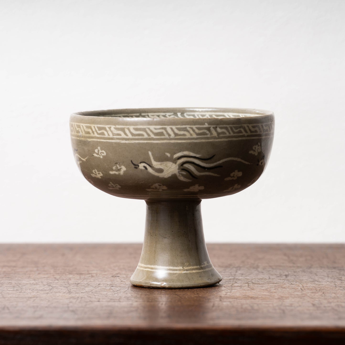 Goryeo Celadon Stem Cup with Inlaid Cloud Dragon Phoenix Design