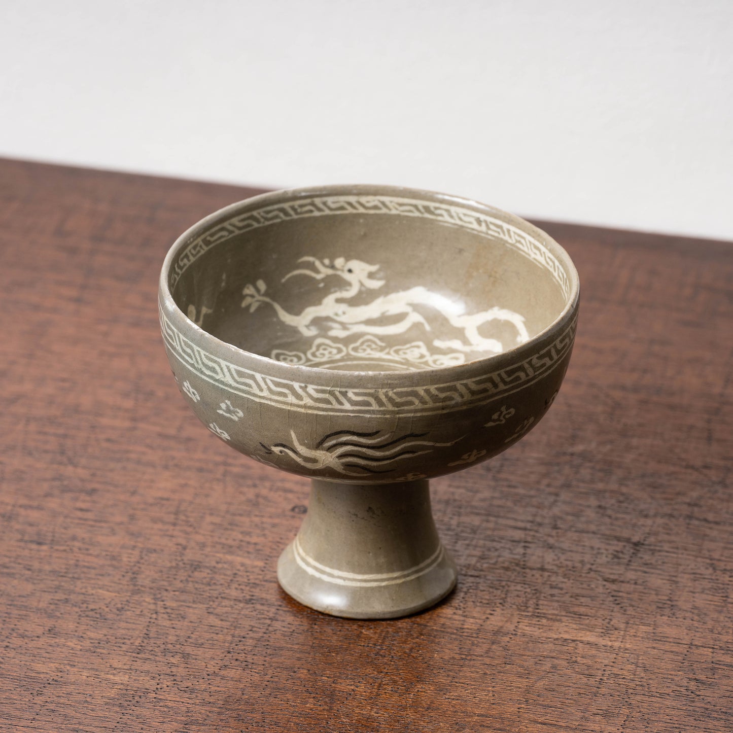 Goryeo Celadon Stem Cup with Inlaid Cloud Dragon Phoenix Design