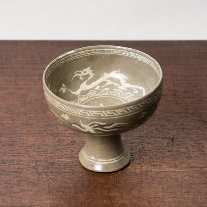 Goryeo Celadon Stem Cup with Inlaid Cloud Dragon Phoenix Design