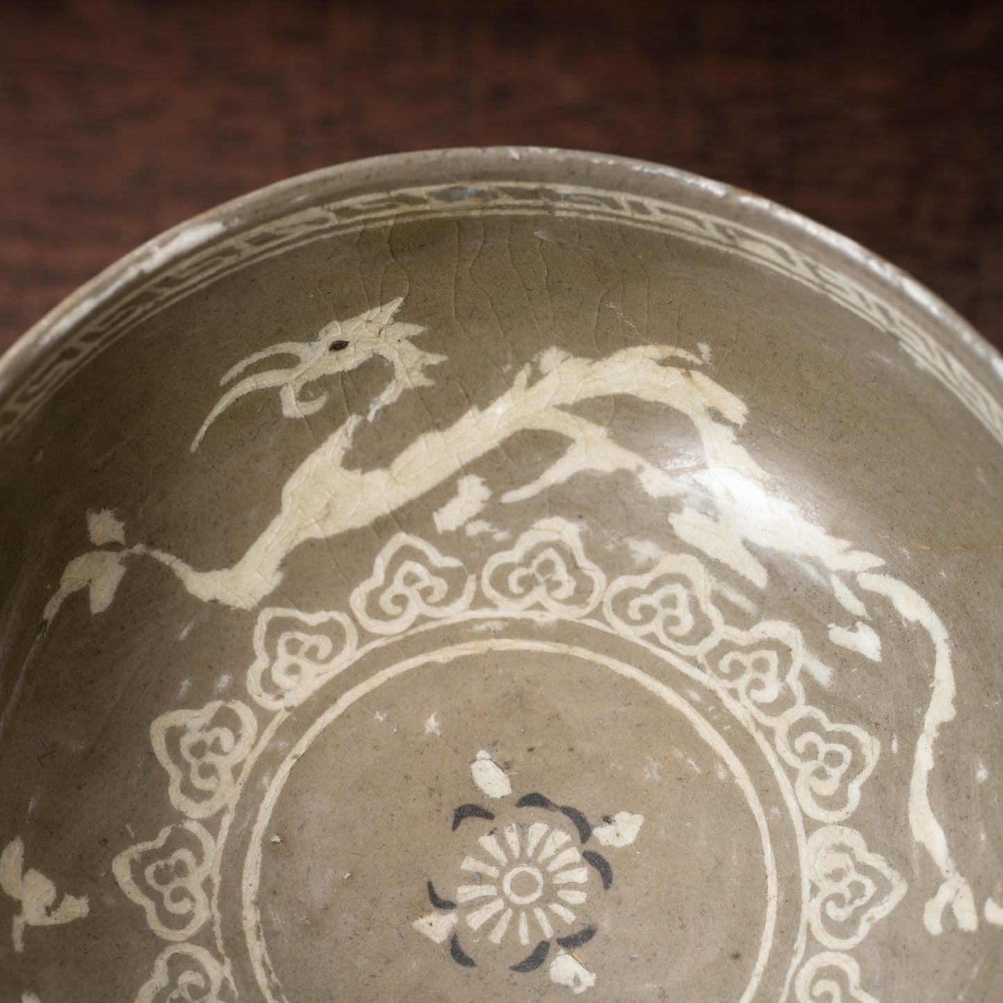 Goryeo Celadon Stem Cup with Inlaid Cloud Dragon Phoenix Design