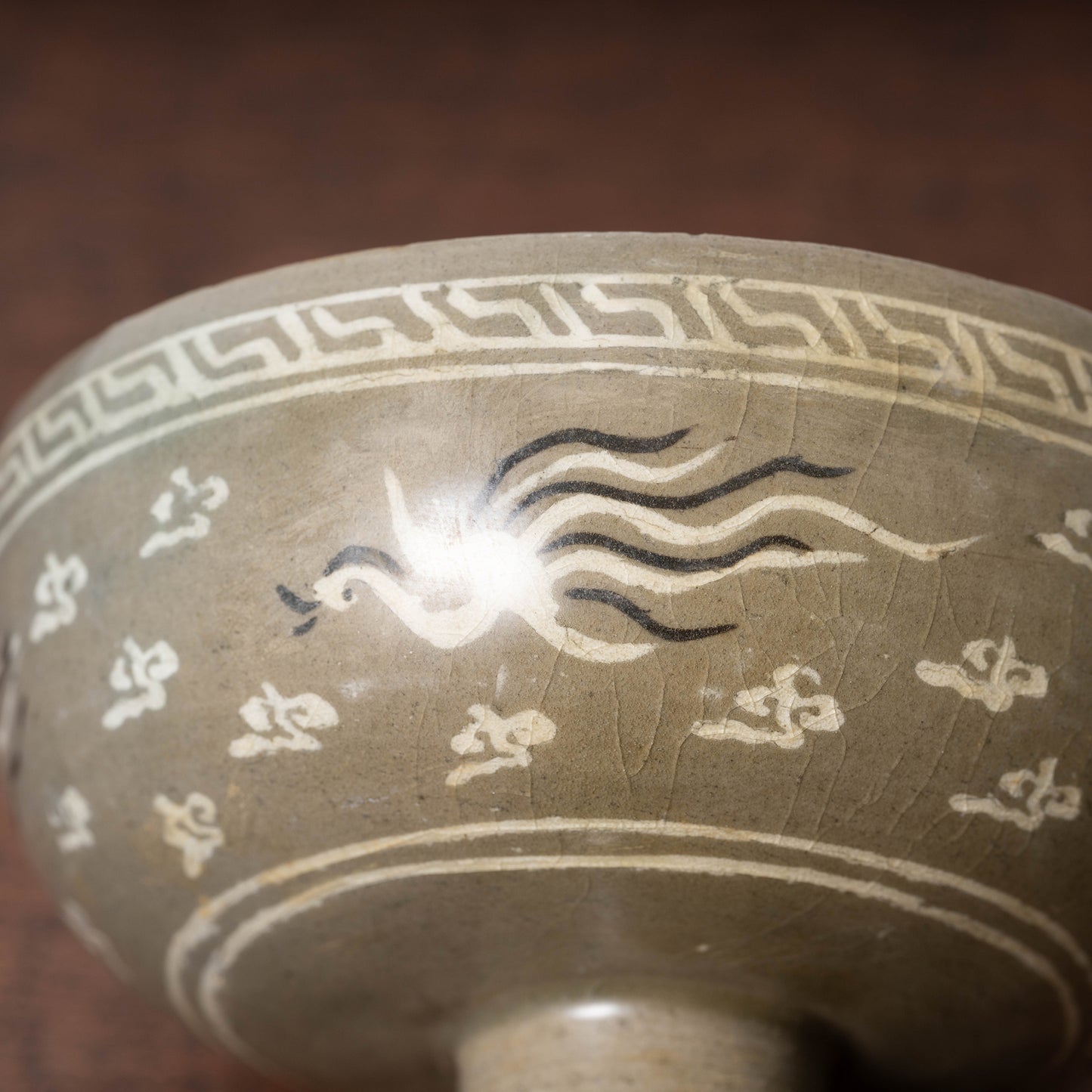 Goryeo Celadon Stem Cup with Inlaid Cloud Dragon Phoenix Design